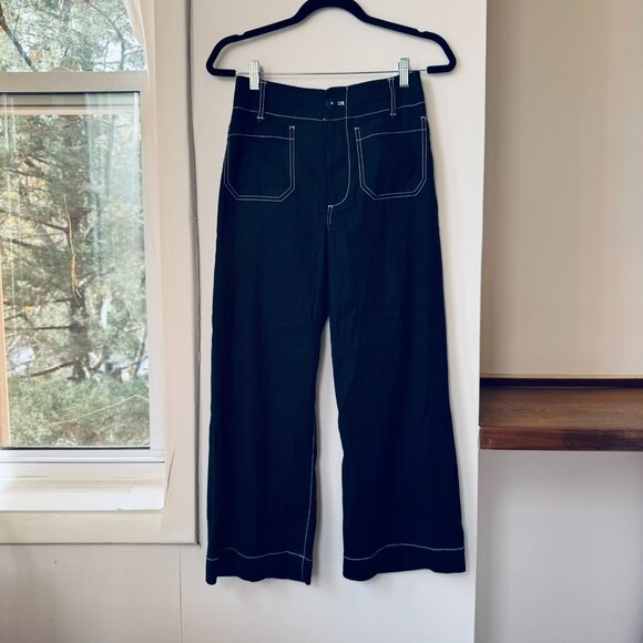New Anthropologie The Colette Linen Crop Wide-Leg Pants Maeve Navy Contrast 26 - Picture 10 of 12